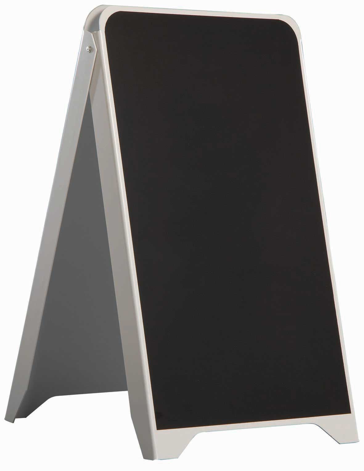 Détail finition ardoise chevalet PVC Surface ardoise noire d'un chevalet PVC avec écriture à la craie affichant menu du jour