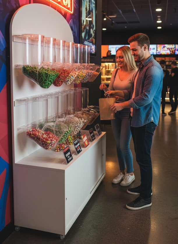 Meuble distributeur alimentaire double étage avec tubes transparents remplis de bonbons colorés dans un cinéma avec clients
