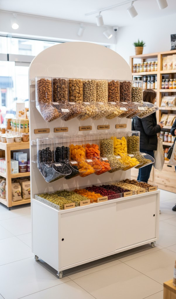 Meuble alimentaire avec fruits secs dans magasin bio