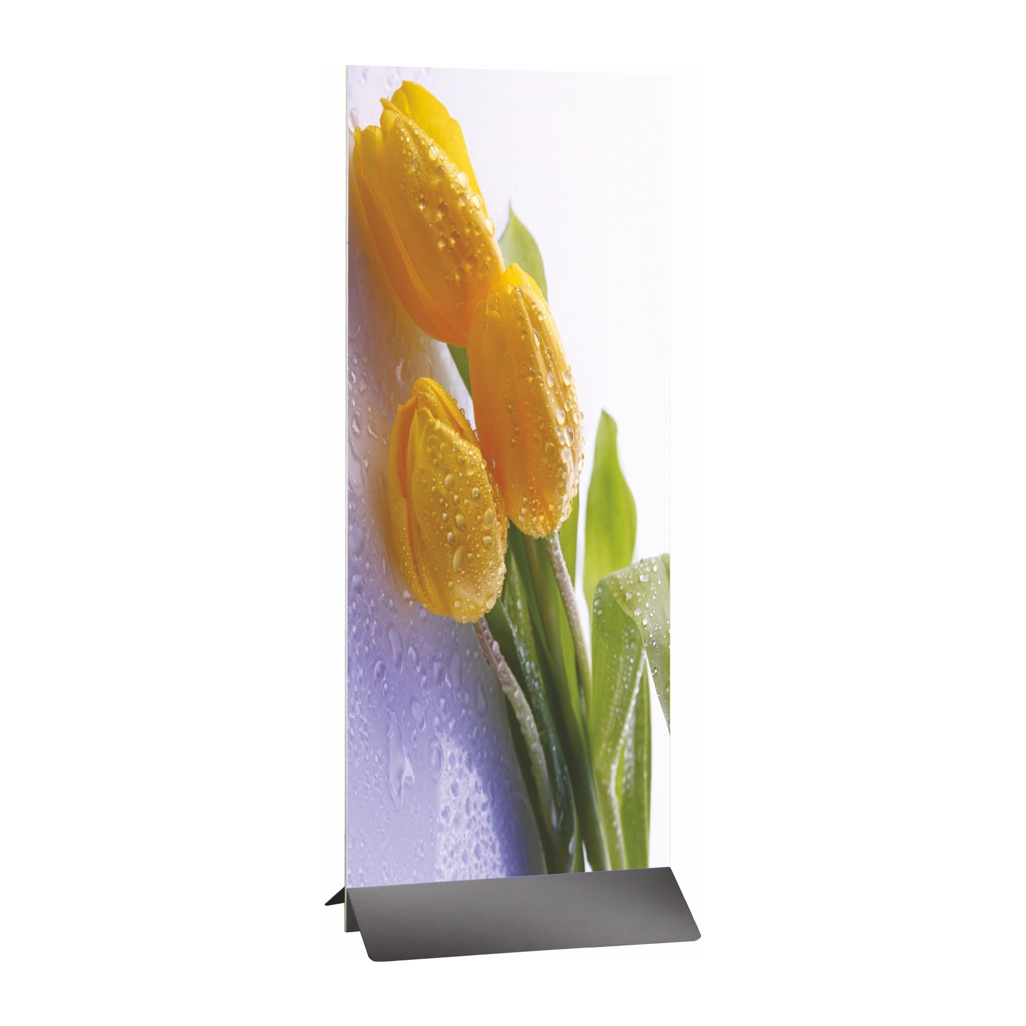 Utilisation socle PANELSTOP en situation salon Socle pince-panneau en utilisation lors d'un salon professionnel maintenant un panneau publicitaire imprimé