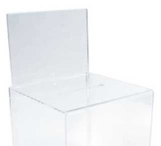 Urne plexiglas transparent avec porte-visuel A4 intégré affichage règlement jeu concours