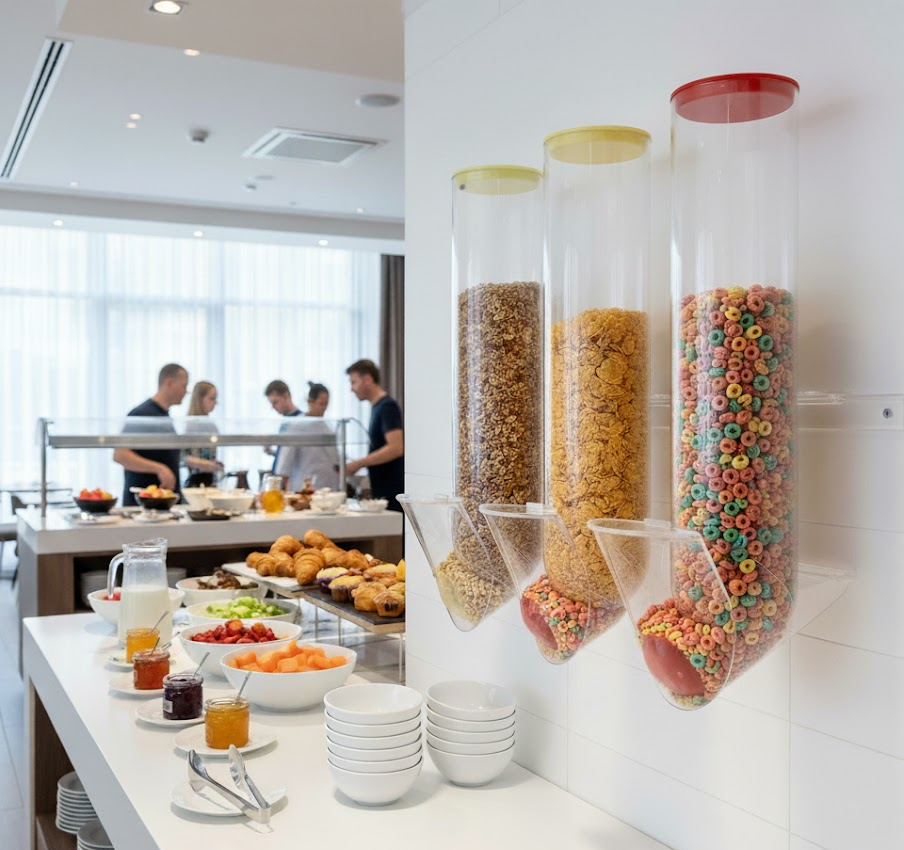 Colonnes distributeurs alimentaires sur pied installées dans un buffet petit-déjeuner d'hôtel pour service céréales et muesli