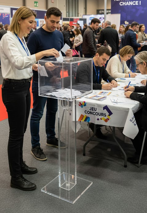 urne plexiglas transparente sur pied aluminium pour jeu concours en boutique commerce de détail