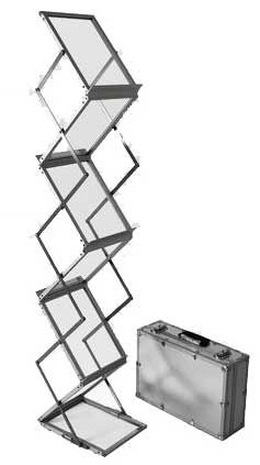 Présentoir zig-zag plexiglas multi-niveaux Porte-brochure zig-zag en plexiglas déployé présentant plusieurs niveaux de documentation sur un stand professionnel