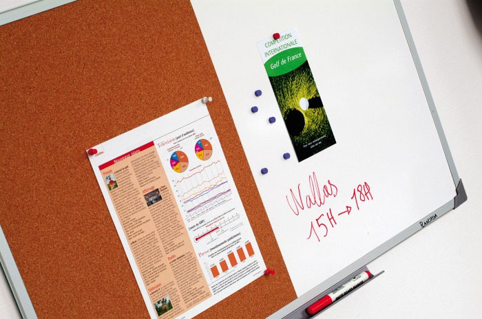 Tableau bivalent liège et laqué blanc 90 x 150 cm cadre alu